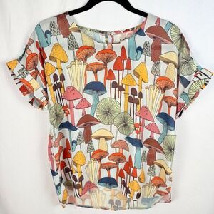 LA Soul Mushroom Short Sleeve Blouse Semi-sheer Colorful Lightweight Whimsical